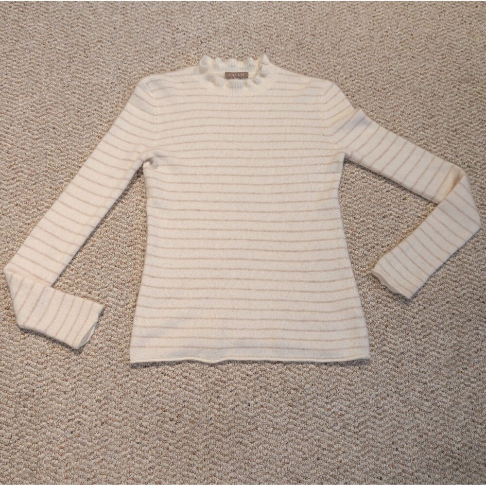 Lilla P Cashmere Sweater Womens XS White Brown Stripes Ruffle Mock Neck